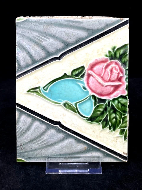 Antique Victorian Art Nouveau Era Ceramic Majolica Art Tile Rose Geometric