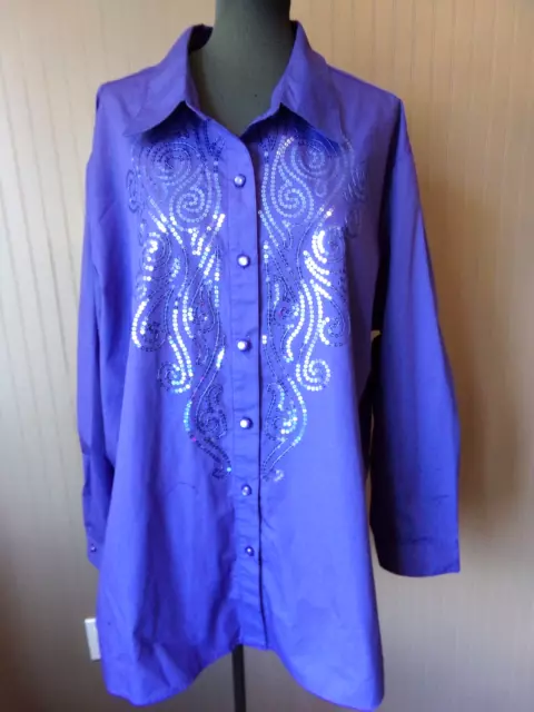 BOB MACKIE WEARABLE ART Long  Blue Shirt Blouse Sequins Size 3X