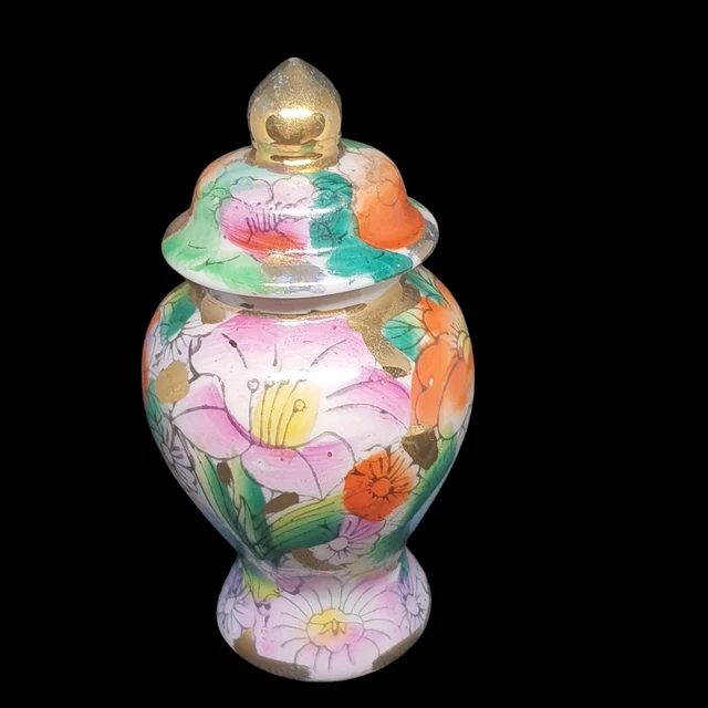 Vintage Chinese Floral Ginger Jar Chintz Stamped Handpainted Gold Details 10 Cm