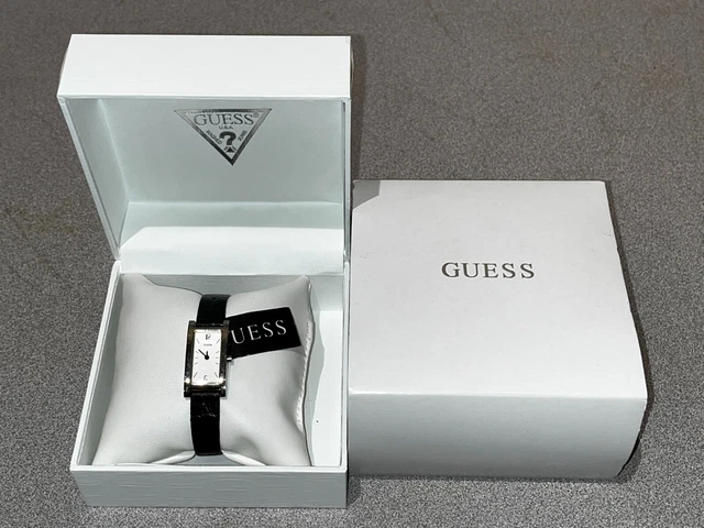 NEW GUESS SILVER TONE BLACK Leather BAND RECTANGLE WHITE DIAL WATCH in box Guess Watch, Rectangle, Quartz, Grey Leather, Original Band  main image 4