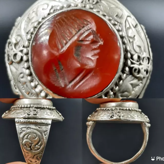 Roman Ancient Carnelian Agate Stone Intaglio Seal Silver Ring King Face