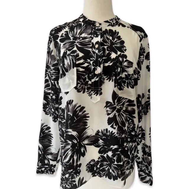 𝅺Rebecca Taylor printed floral black white silk blouse size 8