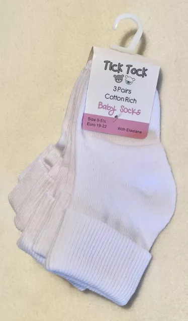 BNWT Tick Tock 3 Pairs Of Cotton Rich White Baby Socks Size 3-5.5 (EUR 19-22)