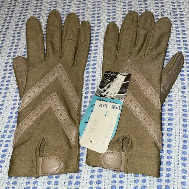 Vintage ISOTONER ARIS DRIVING GLOVES Tan Faux Leather & Stretch Knit New W/ Tags