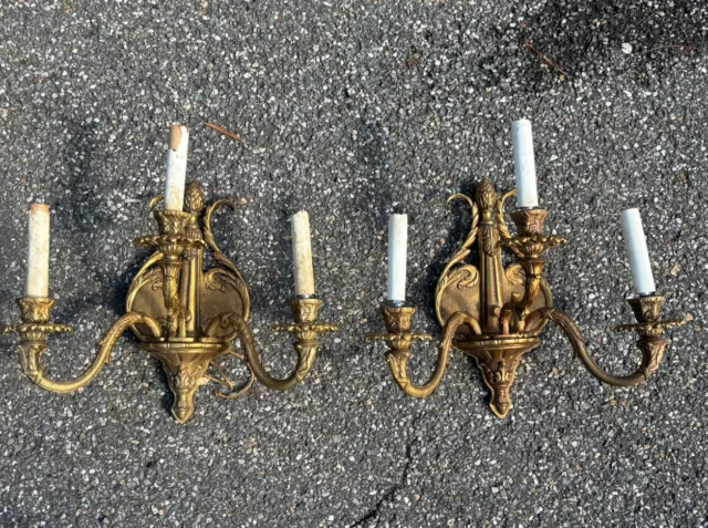 Brass Antique Sconces Three Arm Light Pair 1920