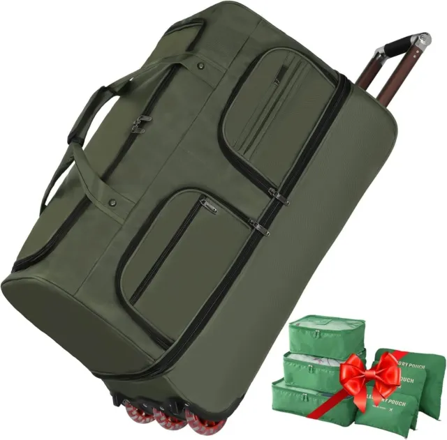 Large Rolling Duffel Bag 105L Expandable Travel Luggage Khaki