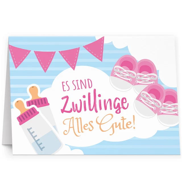GROSSE XXL A4 Glückwunschkarte Karte zur Geburt Zwillinge Mädchen Rosa