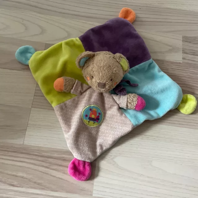Doudou carré plat Ours marron beige vert bleu violet rose oiseau Nicotoy Simba