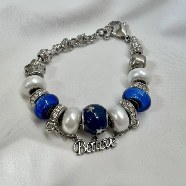 Bella Perlina Silver Tone “Believe” Blue Charm Costume Pearl Bracelet