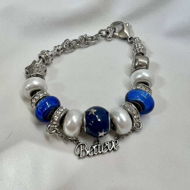 Bella Perlina Silver Tone “Believe” Blue Charm Costume Pearl Bracelet Bella Perlina Silver Tone “Believe” Blue Charm Costume Pearl Bracelet