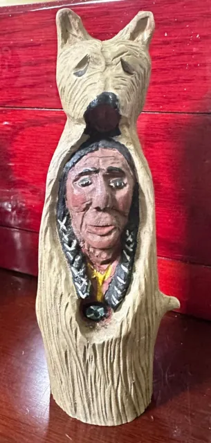 LIMB FOLK Native Indian in Bear Carved Tree Vintage Sculpture