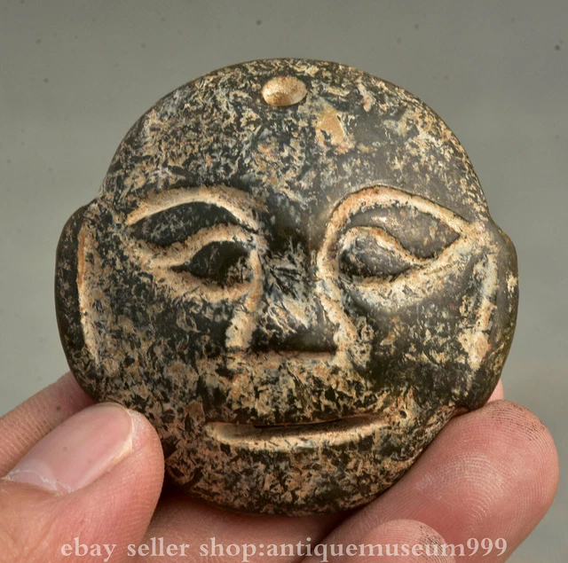 2.2” Old Chinese HongShan Culture black old jade human face mask Amulet Pendant