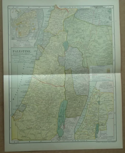 1910  Map of PALESTINE Insert Jerusalem, Canaan 12 Tribes, Railroads, Roads