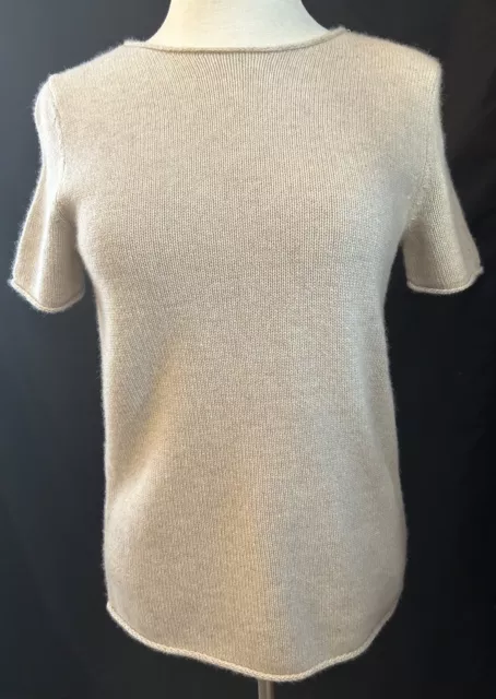 THEORY Tolleree 100% Cashmere Feathersoft Sweater Short Sleeve Crew Beige Small