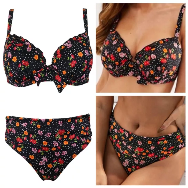 Pour Moi Black Multi Ditsy Floral Bikini Set UK 32E 10