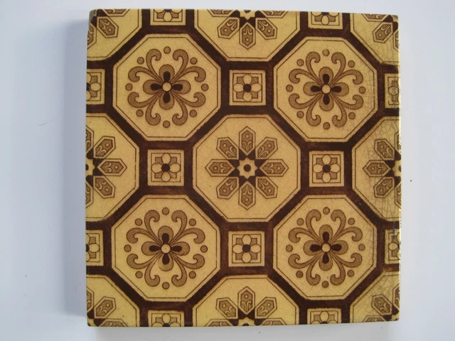 ANTIQUE VICTORIAN MINTONS DEEP BROWN OCTAGONS AESTHETIC WALL TILE c1868-1900