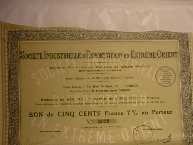 TITRE ACTION BON 500 Fr SOC. D'EXPORTATION EXTREME-ORIENT 1927 SAÏGON INDOCHINE