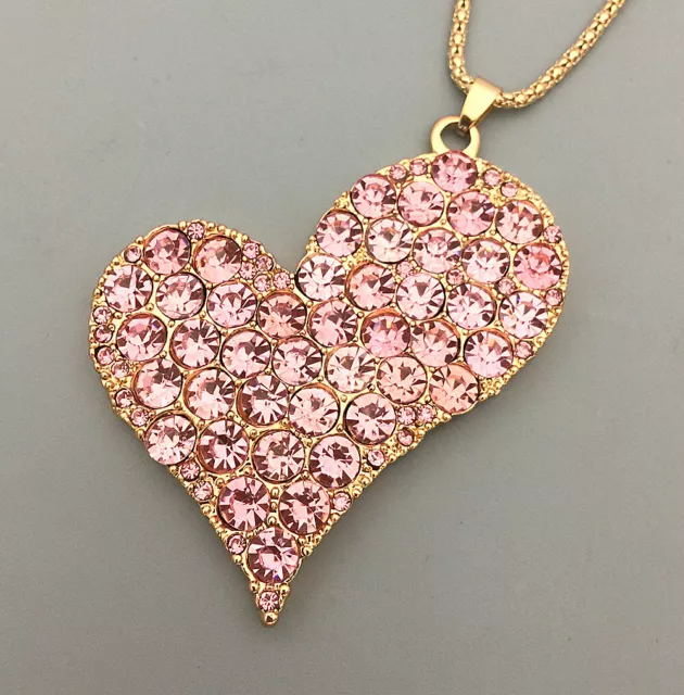 Women's Pink Crystal Rhinestone Heart Pendant Long Chain Necklace