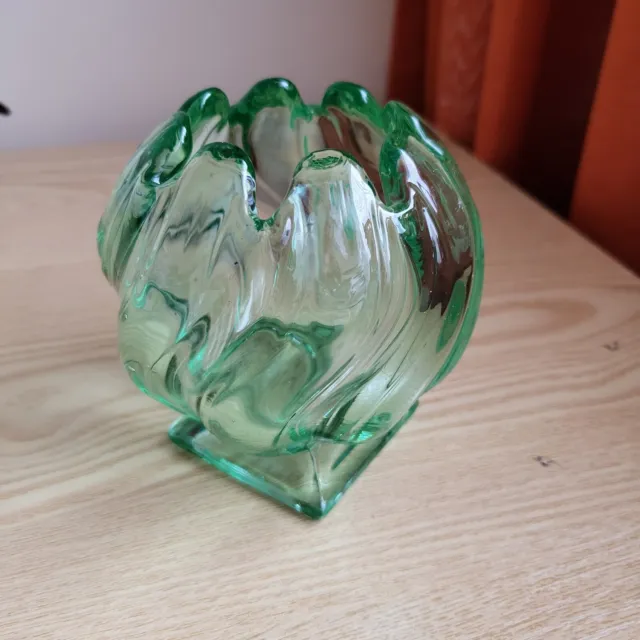 Vintage Green Glass Swirl Round Vase Bowl Small Size Art Deco