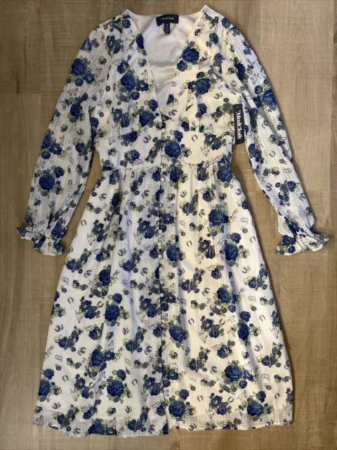 ModCloth Size Medium White Blue Floral Maxi Midi Dress Long Sleeves New