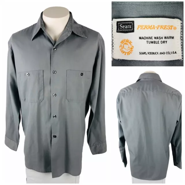 Sears Mens Medium Large Shirt Perma Prest Work Clothing Roebuck Gray Vintage