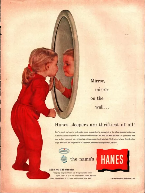 1954 Hanes Kids Sleepers LITTLE GIRL Mirror Clothing Pajamas Vintage Print Ad B3