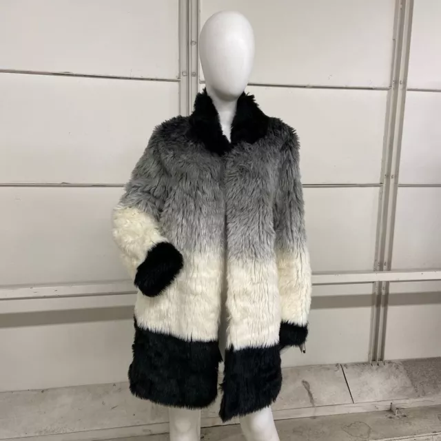 CALVIN KLEIN Ombre Faux Fur Coat Women's Size L Black White Grey