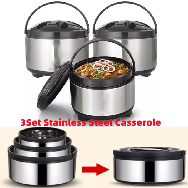 3Set Fresh Premium Insulated Stainless Steel Food Warmer Casserole Keep Food Hot