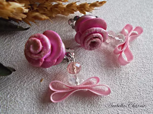 Bijoux orecchini pendenti a clip con fiori rose in stile retrò in fimo rosa