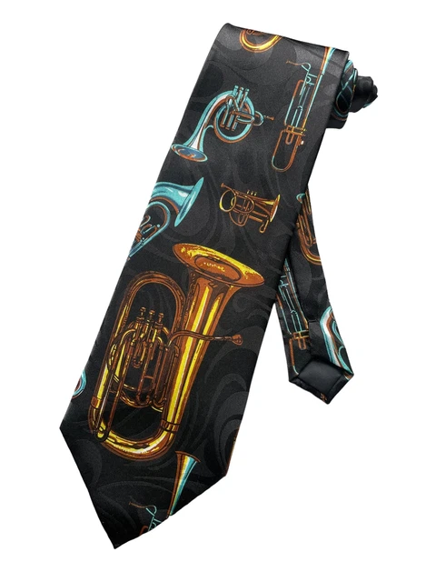 Mens Brass Instruments Tuba Trombone French Horn Cornet Necktie - Black - Neck