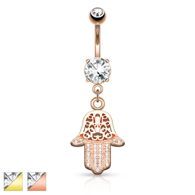 14K Gold Plated Rose Gold CZ Paved Hamsa Hand Dangle Navel Belly Ring 14g 3/8"