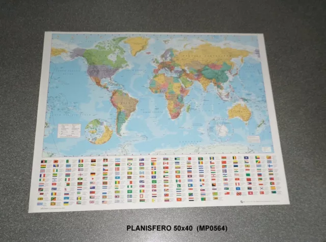 POSTER PLANISFERO 50X40 'Carta Geografica Mondiale' Con Bandiere