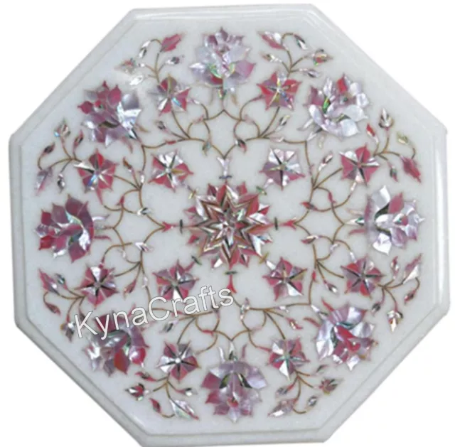 Pink Mother of Pearl Inlay Work Office Side Table White Marble Coffee Table Top