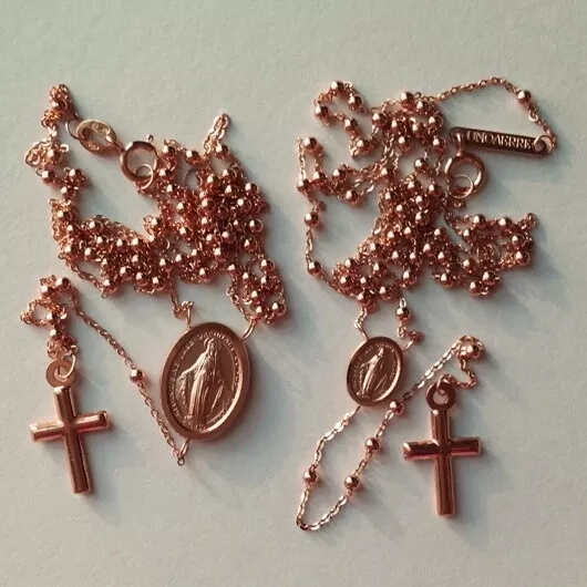 10ct 10K rose Gold rosary beads necklace with Medallion and Cross Made in Italy