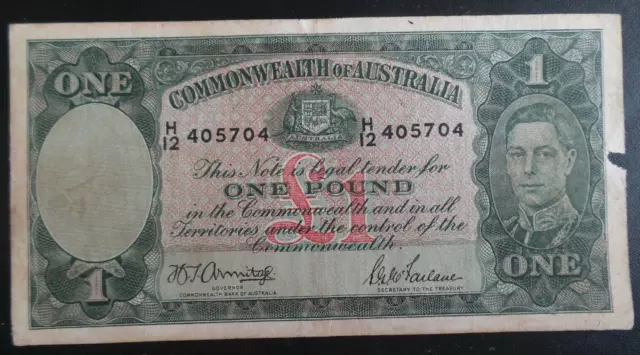Australia, George VI, 1 Pound Banknote, 1942. Serial # H12 405704. Pick # 26b.
