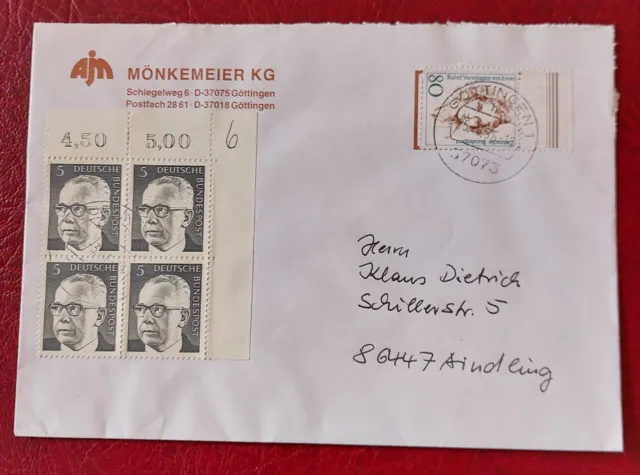 Brief Briefmarken vierer Block Eckrand Heinemann