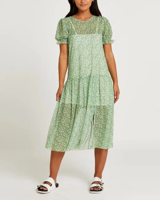 River Island Petite Green Floral Print Smock Midi Dress Size 8 BNWT RRP £42