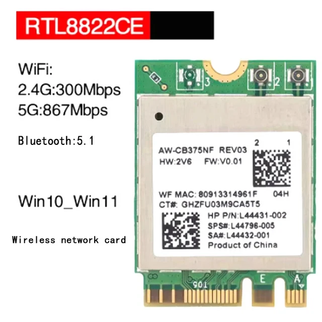 Module WiFi Bluetooth 5.0 M.2 NGFF Pour PC Portable - Dual Band 2.4/5 GHz, Chipset RTL8822CE - Compatible Windows 10, Linux - 11