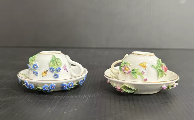 Pair Antique Dresden Applied Encrusted Flowers Miniature Demitasse Cup & Saucer