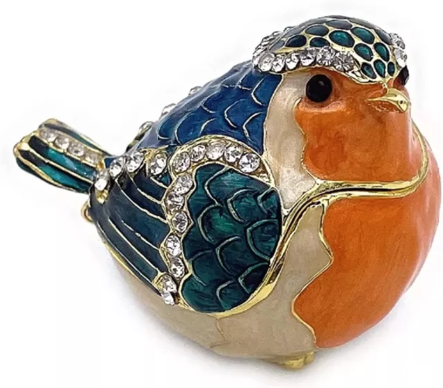 Bejeweled Enameled Animal Trinket Box/Figurine With Rhinestones-Robin Bird