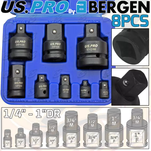 US PRO IMPACT SOCKET ADAPTOR SET 1/4" - 1" Drive Step Up / Down Reducer Set 8PCS