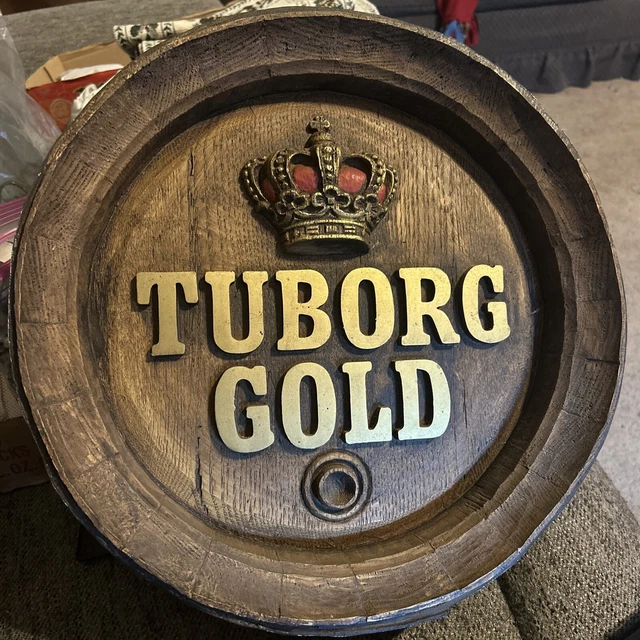 VINTAGE GOLD Advertising Beer Sign Barrel Head Keg Tap Bar