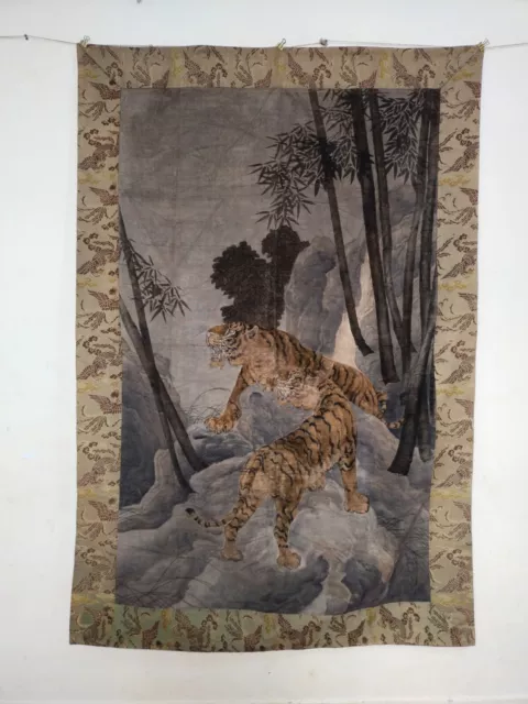antique gorgeous japanese Meiji period cut velvet painted tigers tapestry itm860