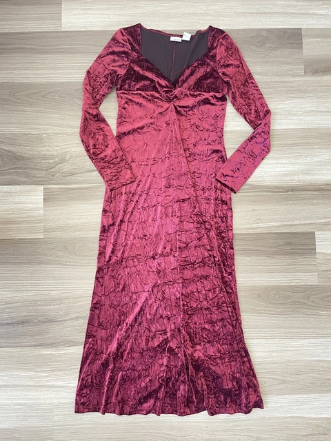 Vintage Newport News Red Burgundy Velvet Velour Maxi Dress Punk Goth Grunge