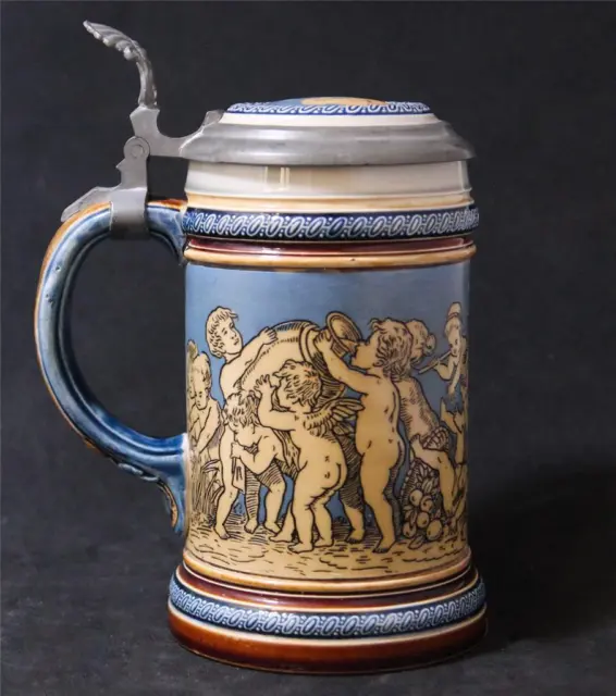 Antique V&b Mettlach Bière Stein Gravé #2025 Chérubin Et Bacchus C.1901 3