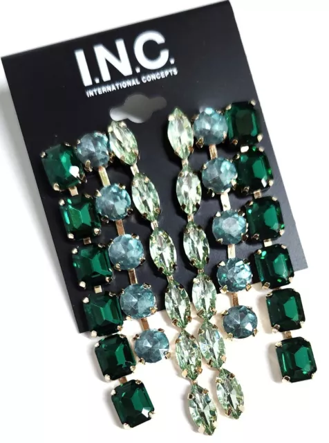 INC International Concepts Crystal Chandelier Earrings Green Multi Goldtone NWT 3