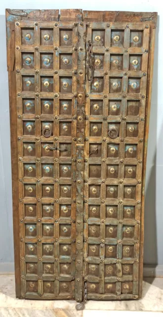 Antigüedad Duro Teca Madera Grande Talla Puerta Panel Original Old Latón Bajera