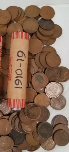 13202 Roll Of 50 Wheat Pennies Lincoln Cents Coins 1910-1919 Over 104+ Years Old