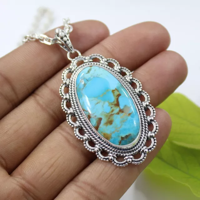 Vintage Navajo Boulder Turquoise Handmade Sterling Silver Pendant Necklace 2.4"