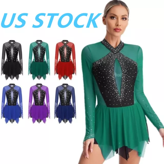 US Womens Glitter Figure Ice Skating Dress Shiny Long Sleeves Leotard Dancewear